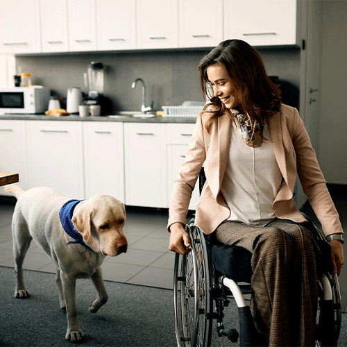 Woman using a wheelchair indoors with assistance dog, representing inclusive disability and continence support services.